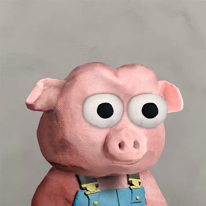 A pink 3D-rendered cartoon pig character with large googly eyes, wearing blue overalls with gold buckles.