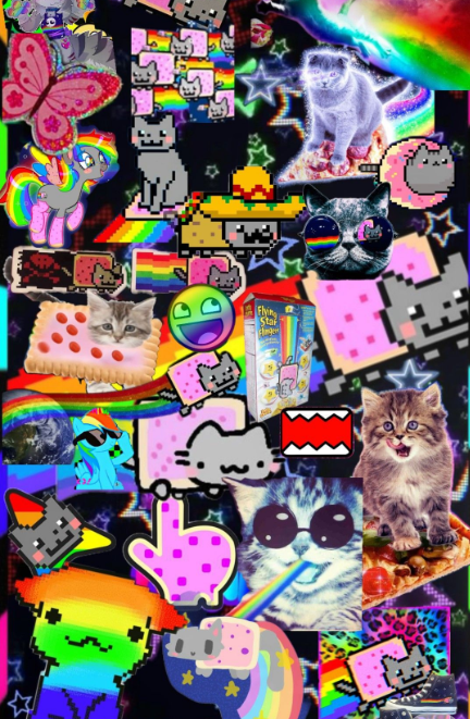 A vibrant, chaotic collage of cat-themed stickers and memes featuring Nyan Cat, pixel cats, rainbow elements, and a 'MILK' carton, set against a black background.