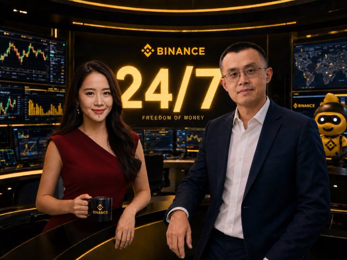 A Binance promotional image featuring two presenters standing in front of trading screens with the text 'BINANCE 24/7 FREEDOM OF MONEY' and a small Binance mascot character.