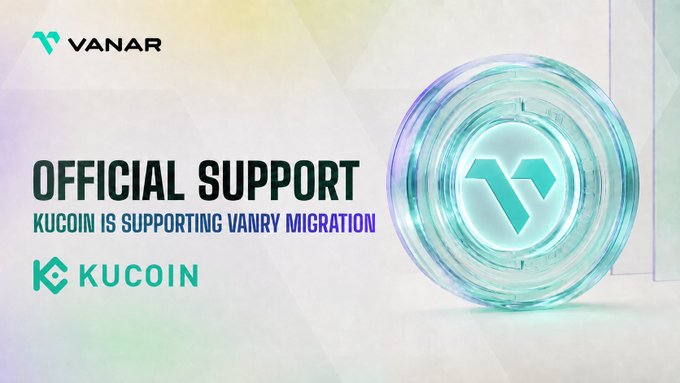 A promotional graphic from Vanar (VANAR) announces "OFFICIAL SUPPORT: KUCOIN IS SUPPORTING VANRY MIGRATION," featuring the Vanar and KuCoin logos alongside a glowing circular token bearing the Vanar symbol, visually reinforcing the announcement of KuCoin's automatic token swap for VANRY holders from Ethereum to Base.