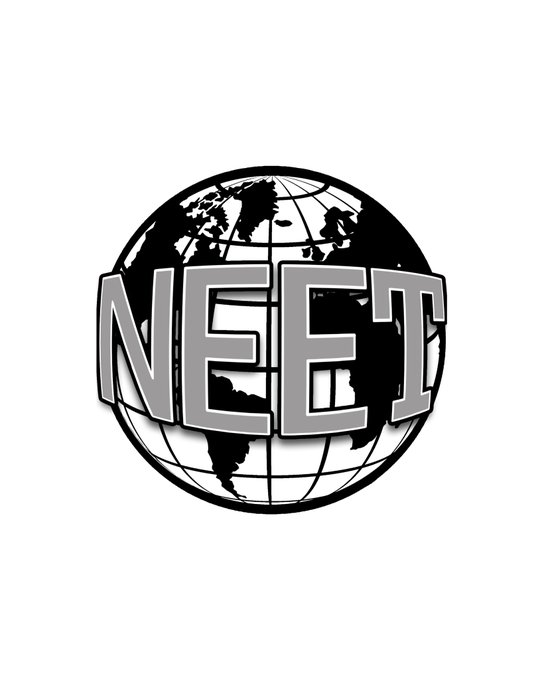 Black and white logo reading 'NEET' displayed across a globe.