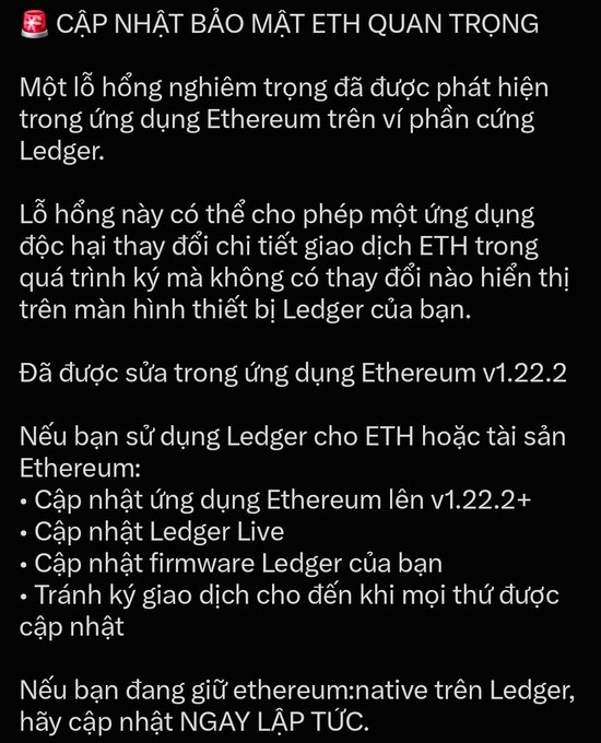 A Vietnamese security advisory warning about a critical vulnerability in the Ethereum app on Ledger hardware wallets, advising users to update to v1.22.2.