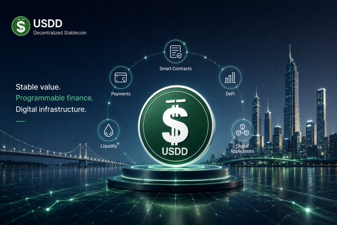 Another promotional graphic for USDD Decentralized Stablecoin, similar to the first, featuring a city skyline and bridge in the background, with icons for Smart Contracts, DeFi, Payments, Liquidity, and Digital Applications.