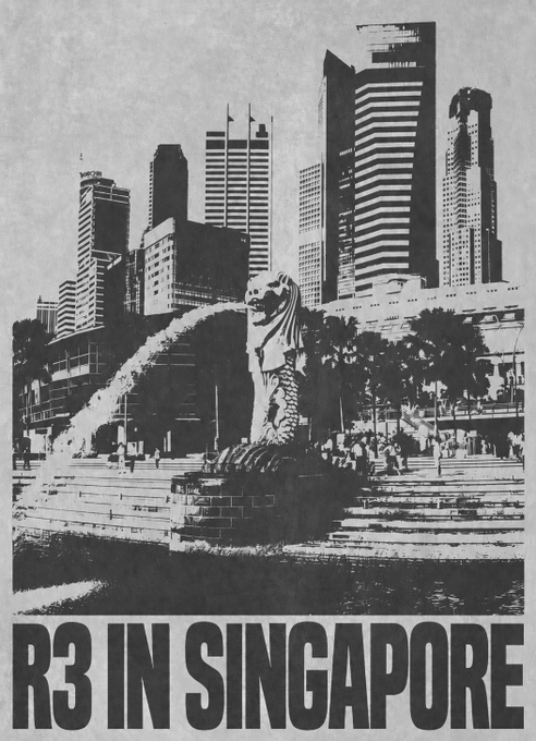 A black and white stylized poster shows the Merlion statue with Singapore's skyline in the background, with bold text reading 'R3 IN SINGAPORE' at the bottom.