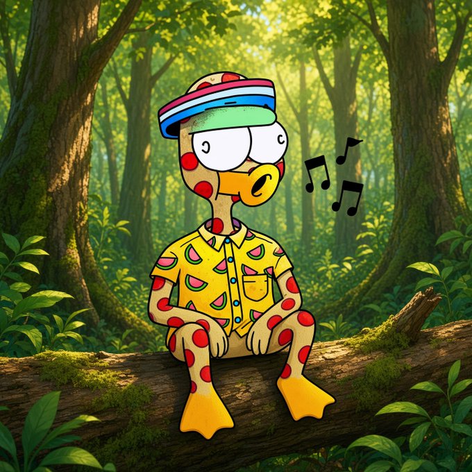 A cartoon red-spotted bird character in a colorful visor, yellow watermelon-patterned shirt sits on a log in a lush green forest, with musical notes floating nearby.