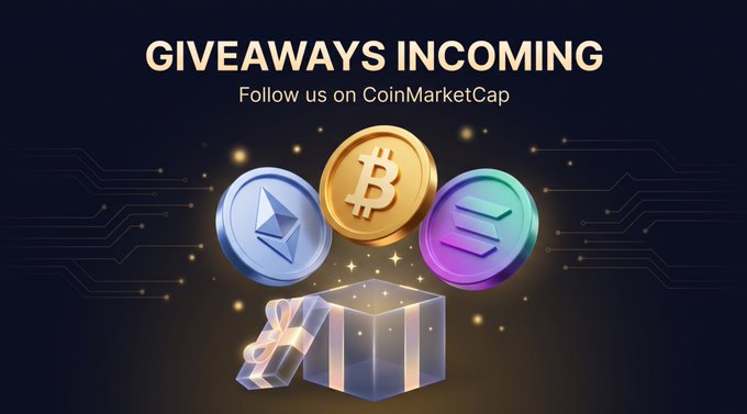 A promotional graphic reading 'GIVEAWAYS INCOMING - Follow us on CoinMarketCap' featuring 3D rendered Bitcoin, Ethereum, and Solana coins above a glowing gift box on a dark background with circuit board patterns.