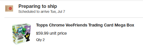 The image features a screenshot of an eBay eBay box with the text "preparing to ship". The box contains a toy called "Topps Chrome Veefriends Trading Card Mega Box" that's currently scheduled for arrival at Amazon on July 7, according to the eBay shipping system. In addition to this information, there is also a price of $59.99 for the card box and two additional options: a unitary price of $59.99 or an "Oty2" unit price of $59.99 each. The post aims to inform users about their package's arrival date and pricing.