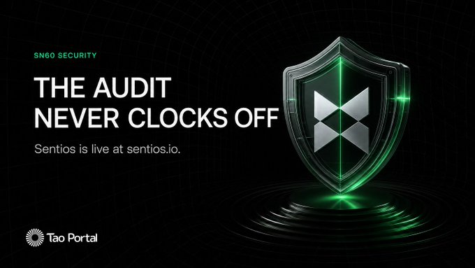 An advertisement for Sentios by Tao Portal with 'SN60 SECURITY' and 'THE AUDIT NEVER CLOCKS OFF', featuring a glowing green shield with an X logo.