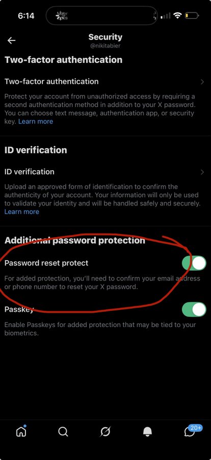 A screenshot of a Security settings page from X (Twitter) showing the 'Password reset protect' option toggled on and circled in red, along with options for Two-factor authentication, ID verification, and Passkeys.