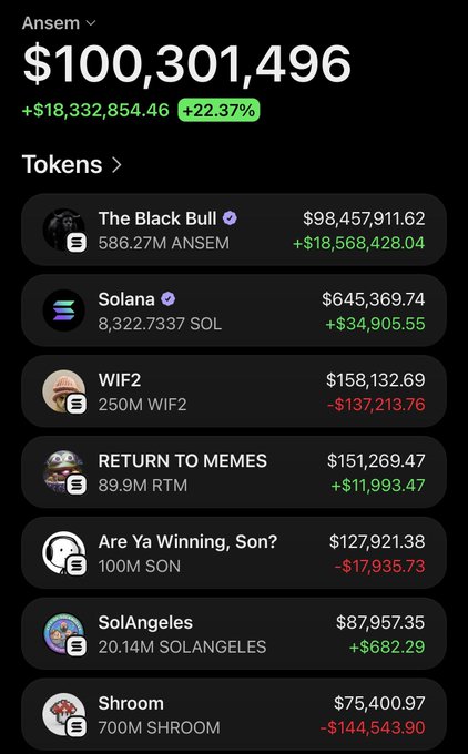 The image shows a crypto portfolio tracker displaying "Ansem" with a total balance of $100,301,496, up $18,332,854.46 (+22.37%), along with his top token holdings including The Black Bull ($98.45M), Solana ($645K), WIF2 ($158K), RETURN TO MEMES ($151K), Are Ya Winning, Son? ($127K), SolAngeres ($87K), and Shroom ($75K). This visually confirms the post's claim that Ansem reached 9 figures in his crypto wallet, with the bulk of his wealth concentrated in "The Black Bull" token.