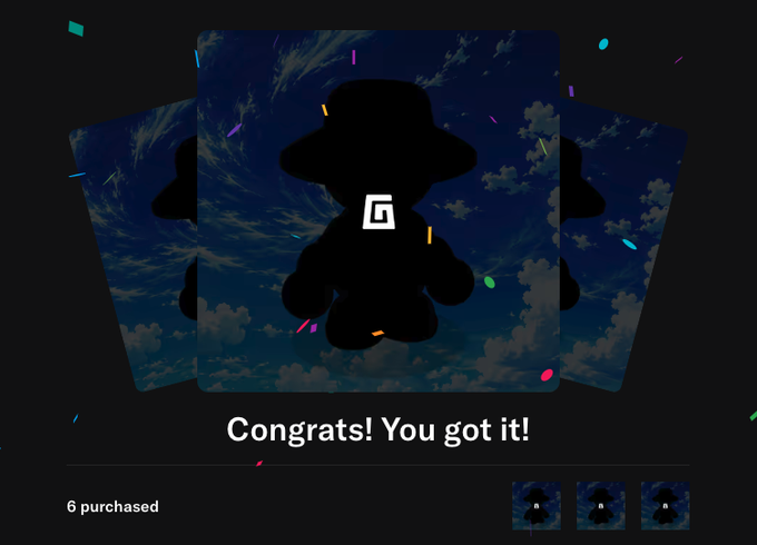A digital NFT purchase confirmation screen reading 'Congrats! You got it!' showing a silhouette figure with a 'G' logo, indicating '6 purchased'.