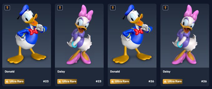 Four character cards from a Disney game featuring Donald and Daisy Duck hatching from eggs, each labeled 'Ultra Rare' with numbers #23, #23, #26, and #26.