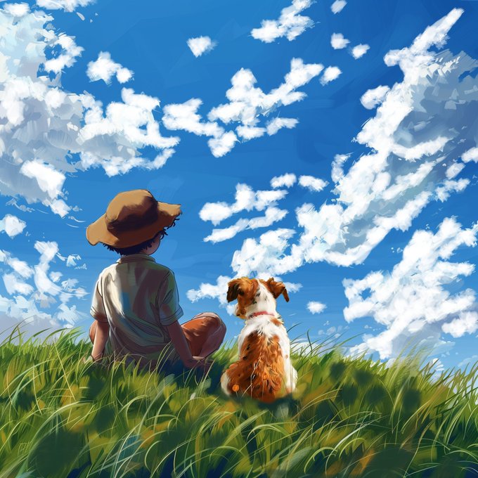 An anime-style illustration of a child in a straw hat and a brown and white dog sitting together in a grassy field, looking up at a bright blue sky filled with fluffy white clouds.