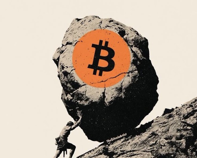 An illustration of a muscular figure pushing a massive boulder up a rocky incline; the boulder bears an orange circle with the Bitcoin 'B' logo and is watermarked 'TheBitcoinArtist'.