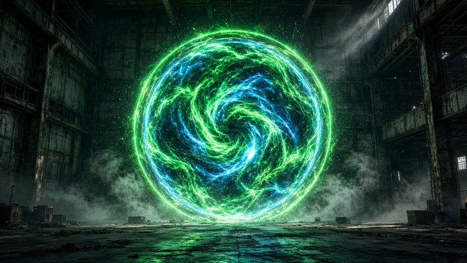 A glowing green and blue swirling energy portal or sphere situated in the center of a dark, abandoned industrial warehouse.