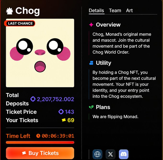 A digital dashboard interface for 'Chog' displays a cute round mascot face labeled 'LAST CHANCE', showing total deposits of 2,207,752.002, a ticket price of 143, 69 tickets owned, a countdown timer, and a 'Buy Tickets' button.
