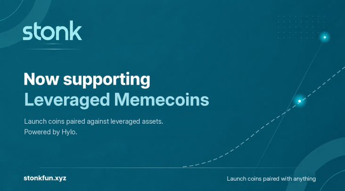 An advertisement for "stonk" announcing "Now supporting Leveraged Memecoins" with the tagline "Launch coins paired against leveraged assets. Powered by Hylo." at stonkfun.xyz.
