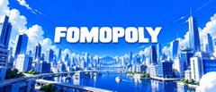 A banner-style image features the word 'FOMOPOLY' in white text over a bright cityscape with skyscrapers, a river, and blue skies.
