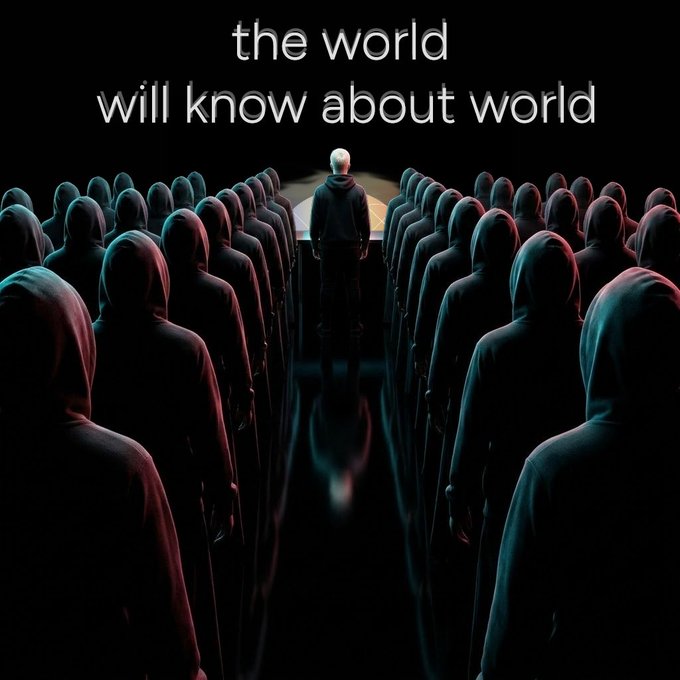 An AI-generated image of hooded figures facing a central person, with the text 'the world will know about world' overlaid at the top.