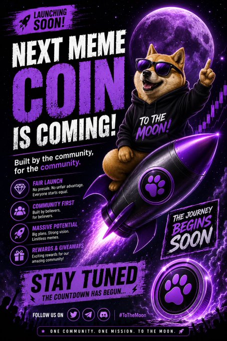 A promotional poster for "NEXT MEME COIN IS COMING!" featuring a Shiba Inu dog wearing sunglasses and a "TO THE MOON" hoodie, riding a purple rocket against a moon backdrop, with text about fair launch, community first, and rewards.