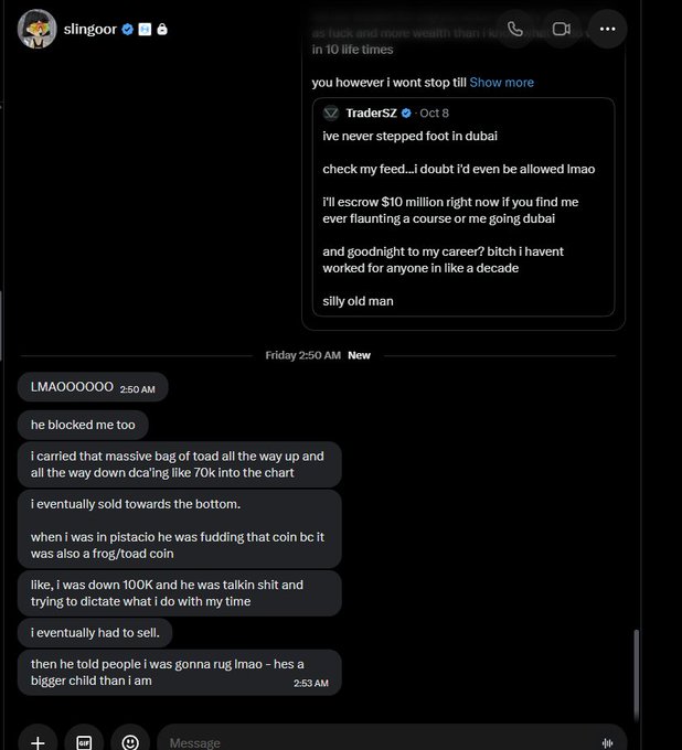 A screenshot of an Instagram DM from "slingoori" (@slingoor) to "TraderSZ" dated Oct 8, where TraderSZ denies ever flaunting wealth or going to Dubai and offers to escrow $10 million if proven otherwise, calling the accuser a "silly old man." This directly supports the post's claim of a threat/retaliation narrative against @mdudas over the $TOAD token situation.