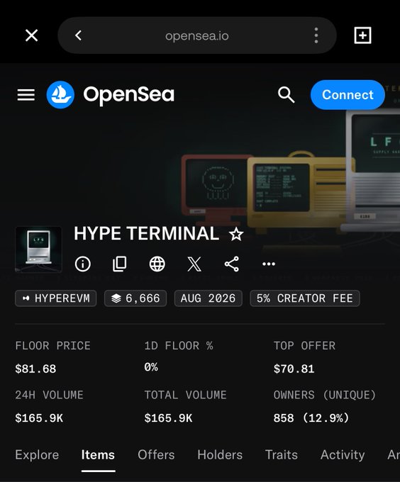 A screenshot of an OpenSea webpage showing a digital collection called 'HYPE TERMINAL' with a floor price of $81.68, 24-hour volume of $165.9K, and 858 unique owners.