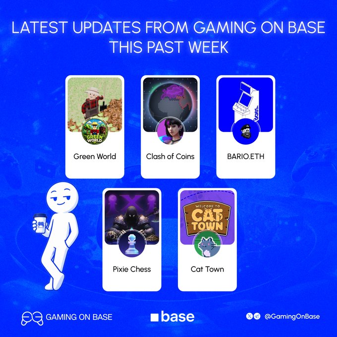 A promotional graphic titled 'LATEST UPDATES FROM GAMING ON BASE THIS PAST WEEK' showcases five games: Green World, Clash of Coins, BARIO.ETH, Pixie Chess, and Cat Town, branded with Gaming On Base, Base, and @GamingOnBase.
