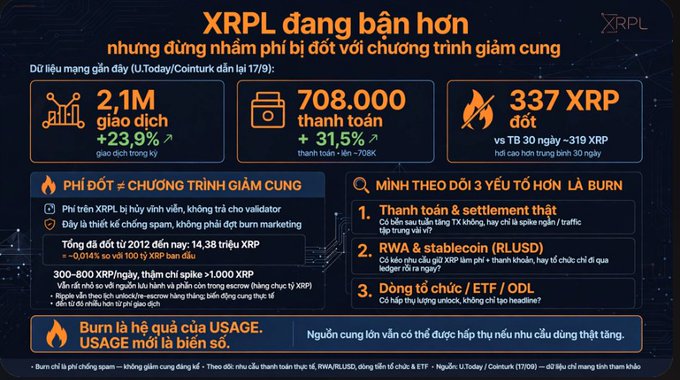 An orange and dark-themed infographic in Vietnamese about 'XRPL' burning tokens, displaying statistics like '2.1M giao dịch', '708.000 thanh toán', and '337 XRP đốt', along with sections about 'BURN' and 'USAGE'.