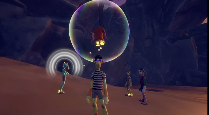 A 3D animated scene showing stylized characters in a desert-like setting, with one character inside a large iridescent bubble and another inside a smaller bubble.