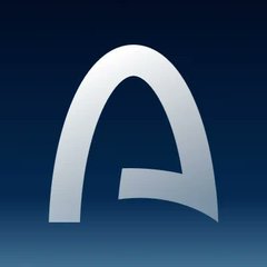 A stylized, silver, 3D letter 'A' logo against a dark blue gradient background.