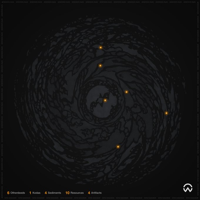 Dark circular map or diagram with orange markers showing counts: 6 Otherdeeds, 1 Kodas, 4 Sediments, 10 Resources, 4 Artifacts.