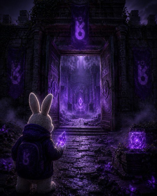 A digital artwork depicts a small rabbit character with a backpack standing before an ancient purple-lit temple doorway, holding a glowing crystal with mystical symbols and banners.