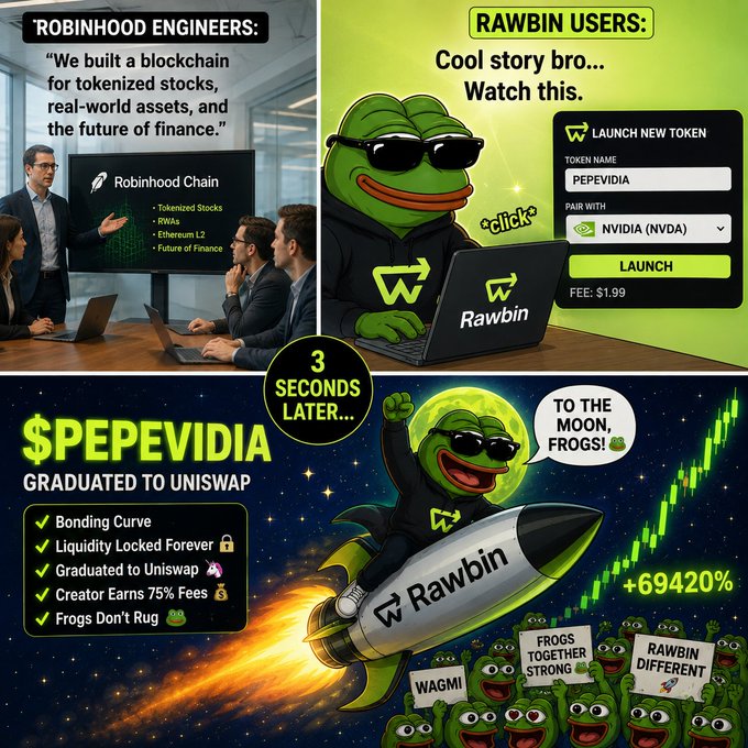 Meme graphic featuring Robinhood engineers vs Rawbin users with a Pepe frog launching a $PEPEVIDIA token, showing a +69420% gain and frog community to the moon illustration.