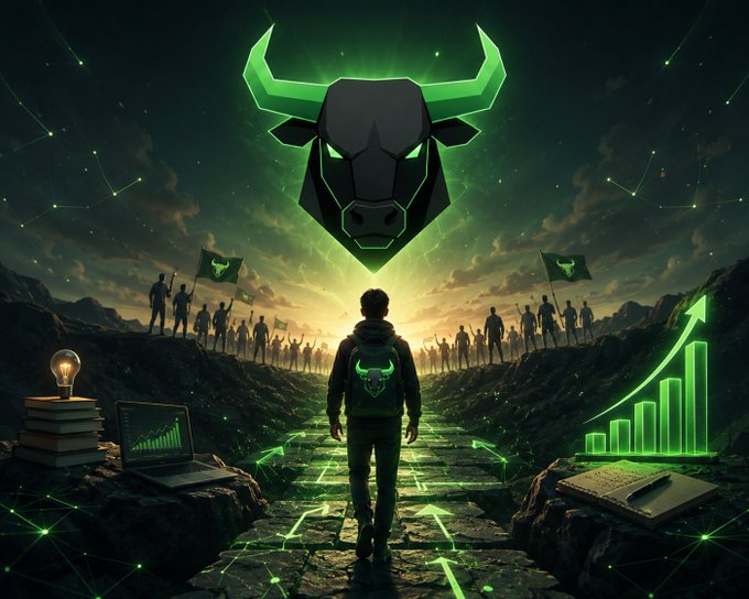 A digital artwork featuring a glowing green bull logo with a person standing before it, surrounded by silhouettes of people holding bull flags, with a lightbulb on books, a laptop showing charts, and an upward growth graph on either side.