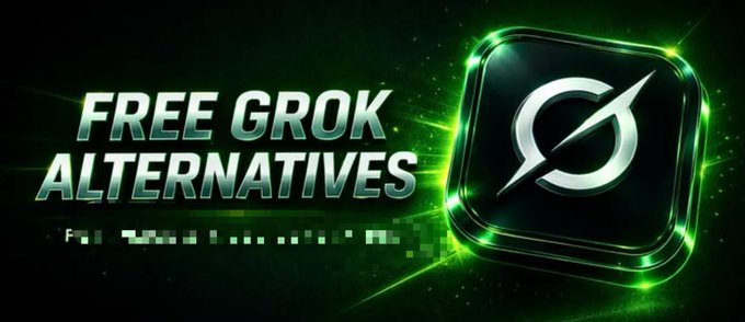 A graphic displays the text "FREE GROK ALTERNATIVES" next to the Grok AI logo, which features a compass-like design inside a green-lit square.