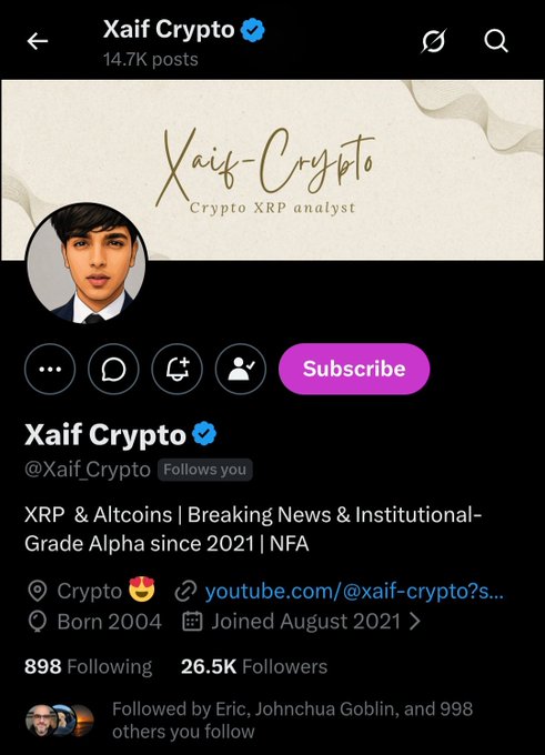 A screenshot of the X (Twitter) profile page for "Xaif Crypto" (@Xaif_Crypto), a verified account with 14.7K posts and 26.5K followers, describing itself as an "XRP & Altcoins | Breaking News & Institutional-Grade Alpha since 2021" analyst. The post from Dr. Nguyen highlights Xaif Crypto as a "true XRP OG" in their worldwide XRP HODL community, encouraging followers to give him a follow.