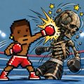 A pixel-art image shows a boxer in red gloves landing a powerful punch on a skeletal opponent with stars and impact lines emphasizing the hit. The accompanying message "Gm. You touched my feelings." humorously pairs with the visual of the skeleton being emotionally "knocked out," suggesting a lighthearted reaction to someone hitting a nerve.