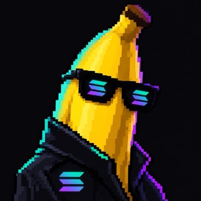 A pixel art illustration of an anthropomorphic banana character wearing dark sunglasses and a black jacket with neon teal and purple accents against a dark background.
