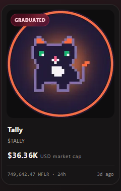 A pixel art crypto token profile for $TALLY featuring a black cat character, showing a $36.36K USD market cap and 749,642.47 $WFLR in 24h volume, marked as 'GRADUATED'.
