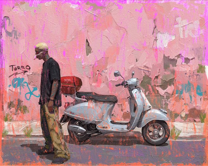 An impressionistic painting depicts a person standing next to a light blue Vespa scooter in front of a graffiti-covered pink wall, with the word 'TURRO' visible.