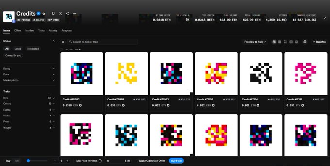 A screenshot of the Credits NFT marketplace showing various pixel-art collectibles with prices in ETH, featuring a blue 'Buy' filter button.