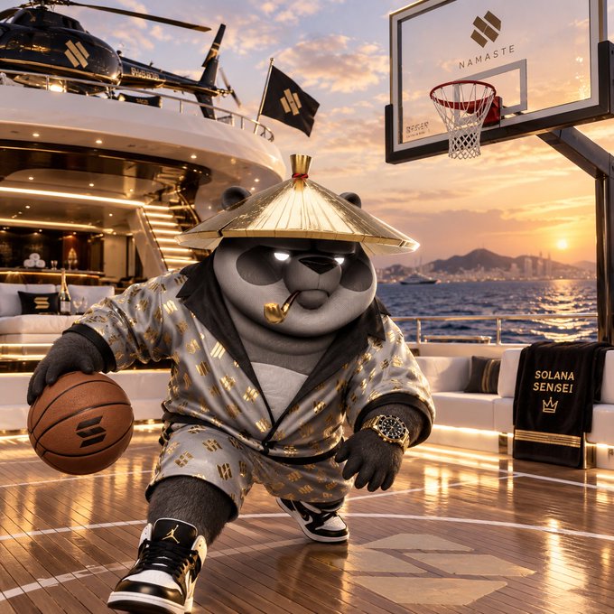 A panda mascot wearing a gold-trimmed "NAMASTE" conical hat and patterned robe dribbles a Solana-branded basketball on a luxury yacht court, echoing the post's motivational message about staying the course, with a helicopter, "NAMASTE" hoop backboard, and "SOLANA SENSEI" towel reinforcing themes of wealth, discipline, and perseverance.