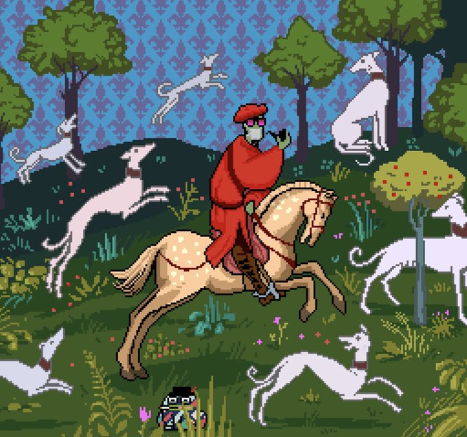 This pixel art piece titled "The Hounds" by @rata_yonqui depicts a rider in a red robe and cap on a galloping tan horse, surrounded by white hunting hounds leaping through a vibrant blue forest landscape with green trees and scattered flowers. The post's enthusiastic "Will never get tired of this piece. Gm" reflects the viewer's admiration for the artwork's intricate detail, dynamic composition, and charming medieval hunting scene aesthetic.