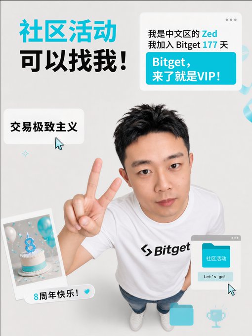 A promotional poster featuring a man named 'Zed' in a Bitget shirt making a peace sign, with text '社区活动可以找我！' (Community events, contact me!), celebrating Bitget's 8th anniversary.