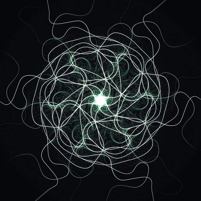An abstract digital artwork featuring intricate, swirling white and green lines forming a complex spherical pattern with a bright glowing center on a black background.