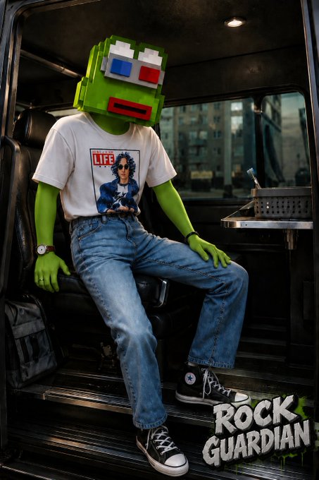 A green alien character wearing a pixelated box-shaped head with 3D glasses sits inside a vehicle, dressed in a white t-shirt, blue jeans, and Converse sneakers, with 'ROCK GUARDIAN' text displayed in the bottom right corner.