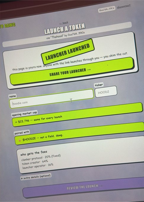 Screenshot of a 'LAUNCH A TOKEN' interface via 'Thehead' by 0xa7d4.59c, showing a successful 'LAUNCHER LAUNCHED' message, with form fields filled in for 'hoodie coin' (ticker HOOD2) and a fee distribution breakdown.