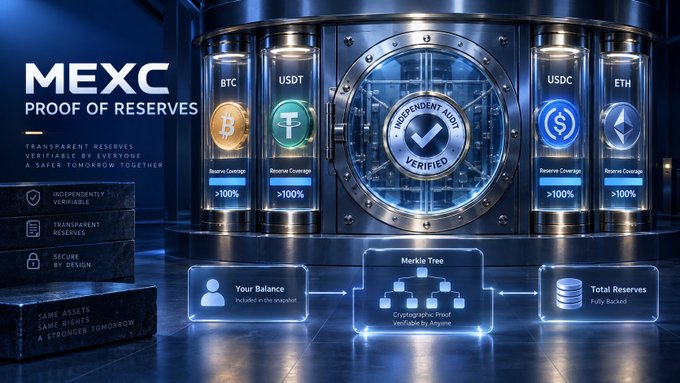 A MEXC 'Proof of Reserves' promotional graphic featuring a vault with BTC, USDT, USDC, and ETH showing >100% reserve coverage, alongside a diagram explaining how individual user balances are cryptographically proven against total reserves.