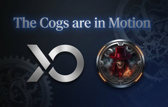 The image features the text "The Cogs are in Motion" alongside the "$XONA" ticker symbol and a circular emblem depicting a sinister figure in a red top hat, visually emphasizing the post's theme of the micro-cap project's momentum and ongoing development.