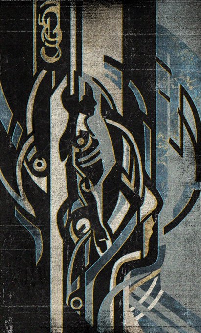 An abstract, cubist-style artwork featuring geometric and figurative shapes in black, white, blue, and tan tones on a textured background.